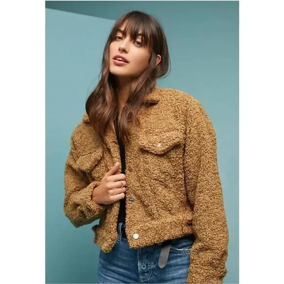 Capulet Aiden Sherpa Trucker Jacket Camel Teddy Fuzzy Crop Coat Size Small - Picture 1 of 13